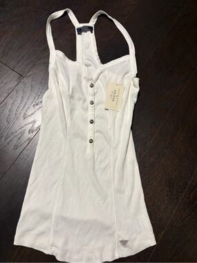 GUESS White Ribbed Button-Front Racerback Tank